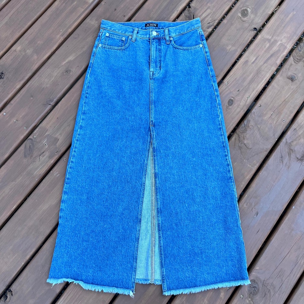 J. Crew Classic Denim Maxi Skirt Blue Jean Front Slit Raw Hem Women Size 28